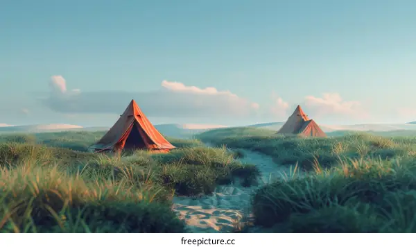 Two orange tents stand in a grassy field with a blue sky and white clouds in the background