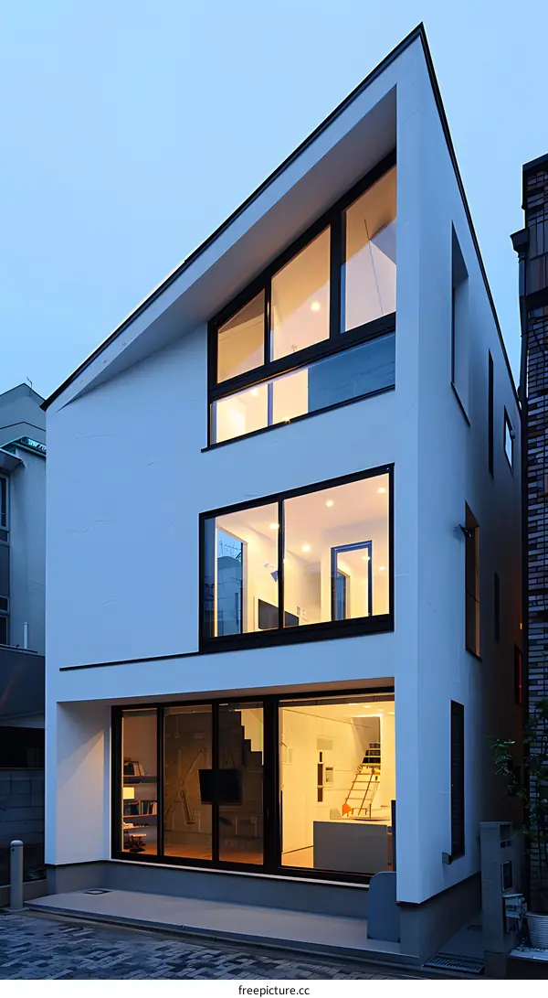 Modern White House With Large Windows And A Triangular Roof