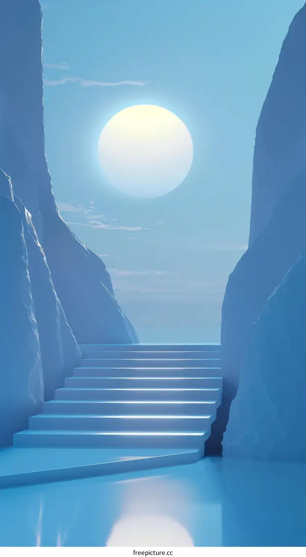Blue and White Abstract Landscape with Staircase to Glowing Moon