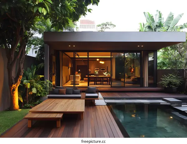 Modern Minimalist Backyard with Swimming Pool and Wooden Deck