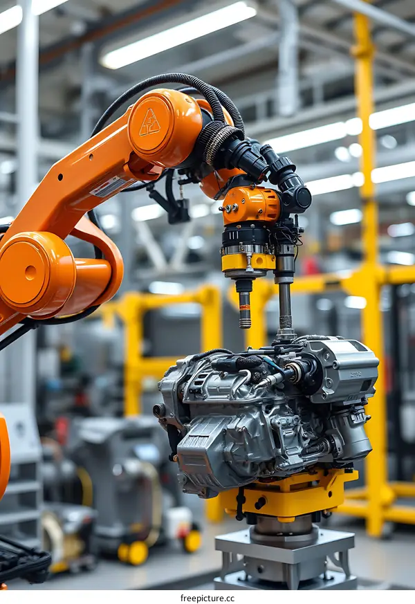 Robotic Arm Assembling Car Engine in Factory