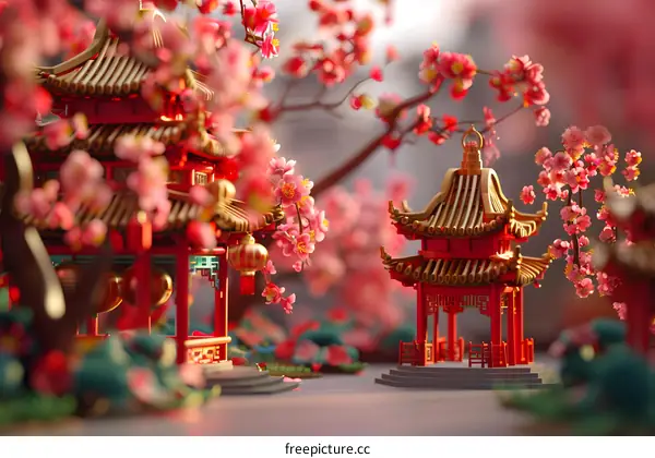 Miniature pavilions, towers and cherry blossoms