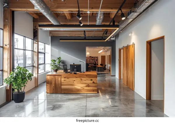 Modern office interior with wood and glass