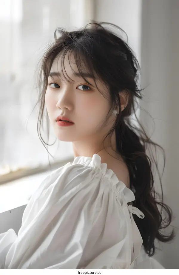 Portrait of a Young Woman with Long Black Hair and White Blouse