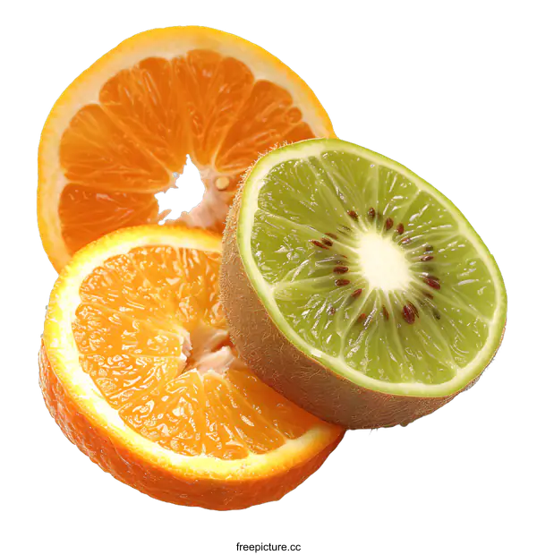[Transparent Background PNG]Freshly Sliced Oranges and Kiwi on White Background