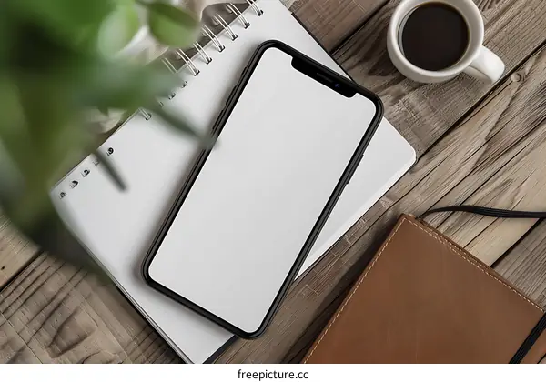 Blank Screen Smartphone Mockup on Wooden Table with Notebook and Coffee