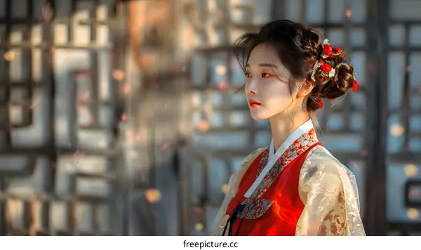 Portrait of a young woman in traditional Korean dress, or Hanbok