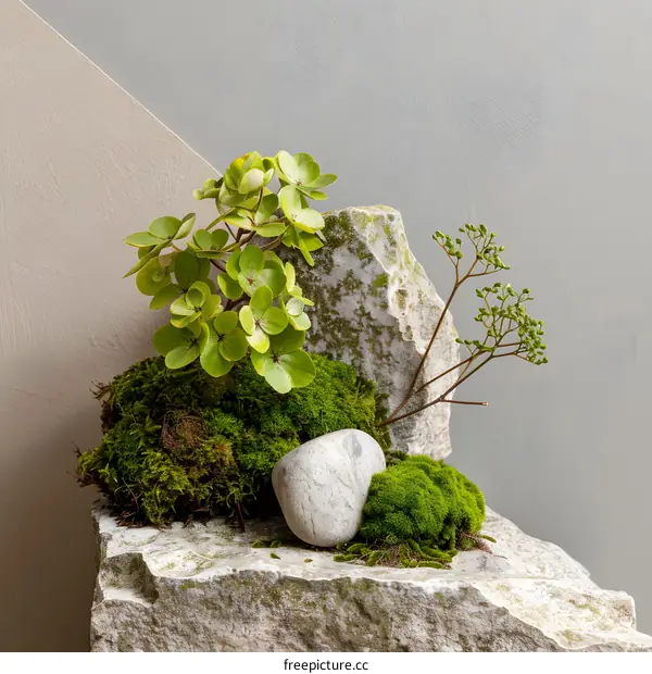 Green Plants and Stones Minimalist Still Life