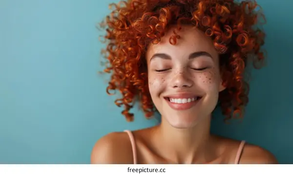 portrait of a beautiful redheaded woman smiling with her eyes closed