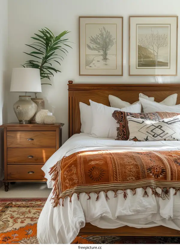 Bohemian Bedroom Decor with Plants and Colorful Textiles