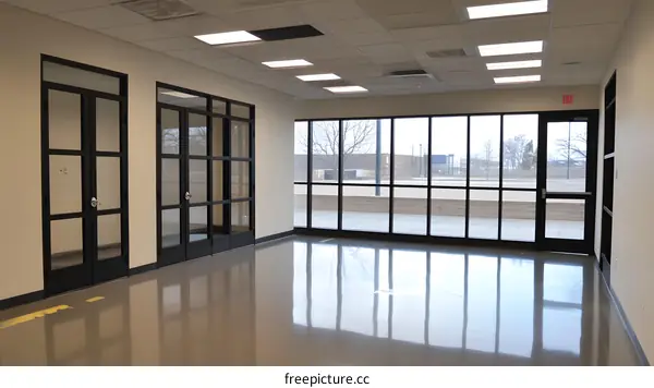 Modern Office Interior Design With Large Windows And Glass Doors