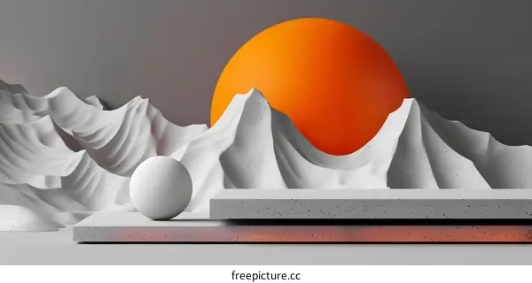 Minimalist 3D Illustration of White Mountains with an Orange Sphere