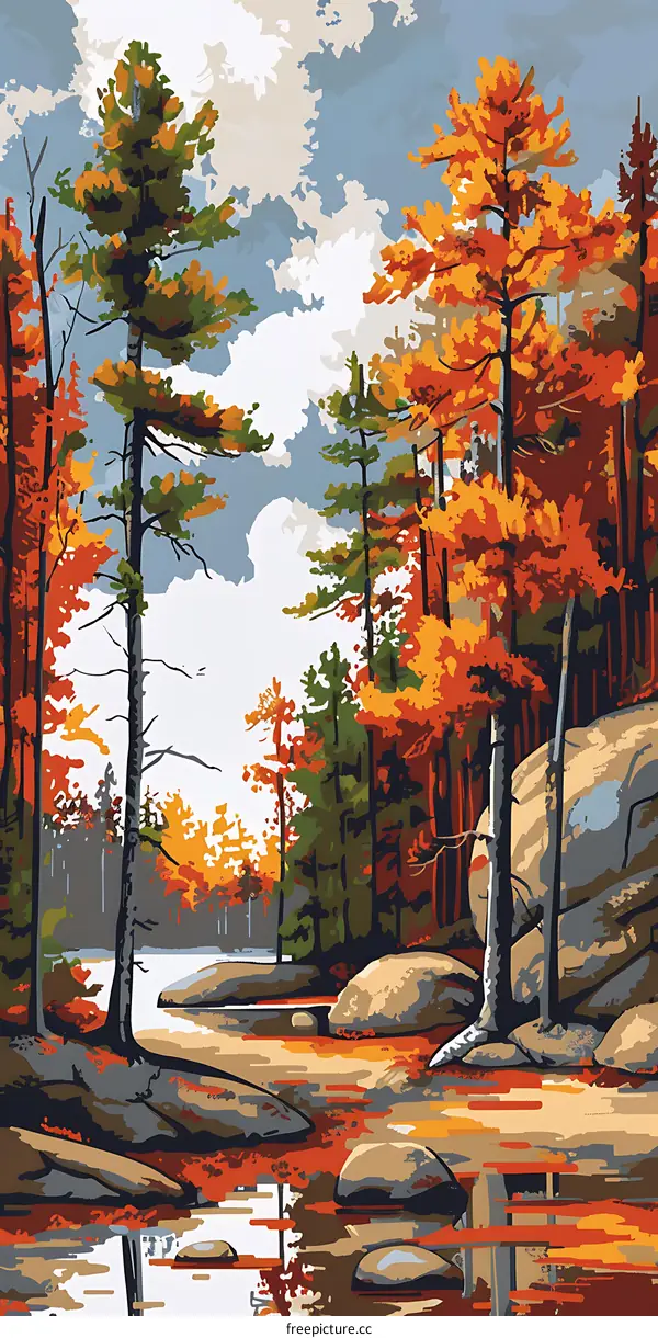 Autumn Forest Landscape Painting with Trees and Rocks