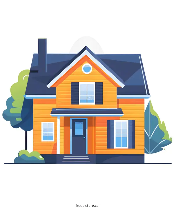 Cartoon Illustration of a Two Story House with a Blue Roof