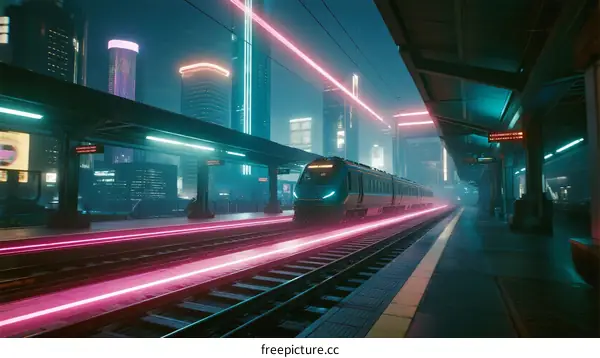 Futuristic city subway station with neon lights and train
