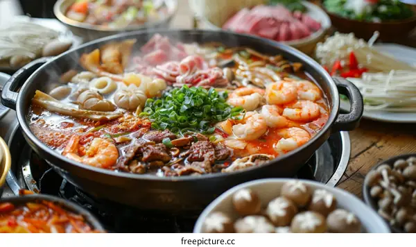 A variety of ingredients are in a hot pot.