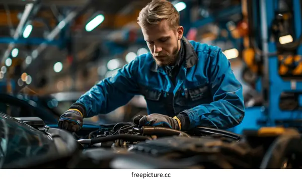 A mechanic in a blue uniform works on a car engine.