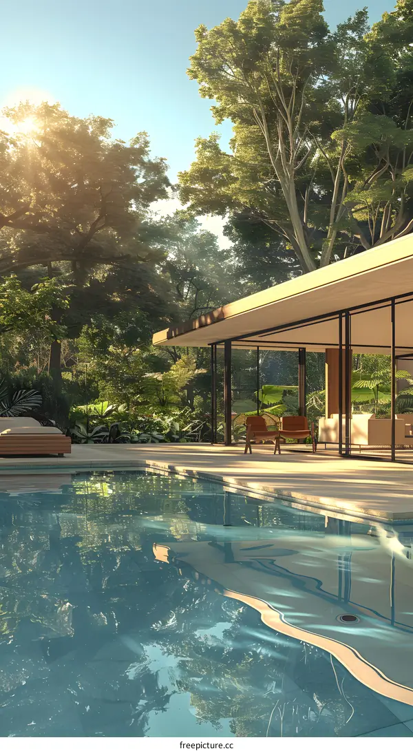 Modern Minimalist Glass House with Pool and Surrounding Trees
