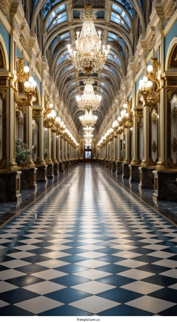 Symmetrical perspective of an empty brightly lit hallway with chandeliers