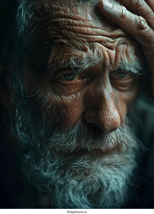 Portrait of an old man with white beard and wrinkles on his face