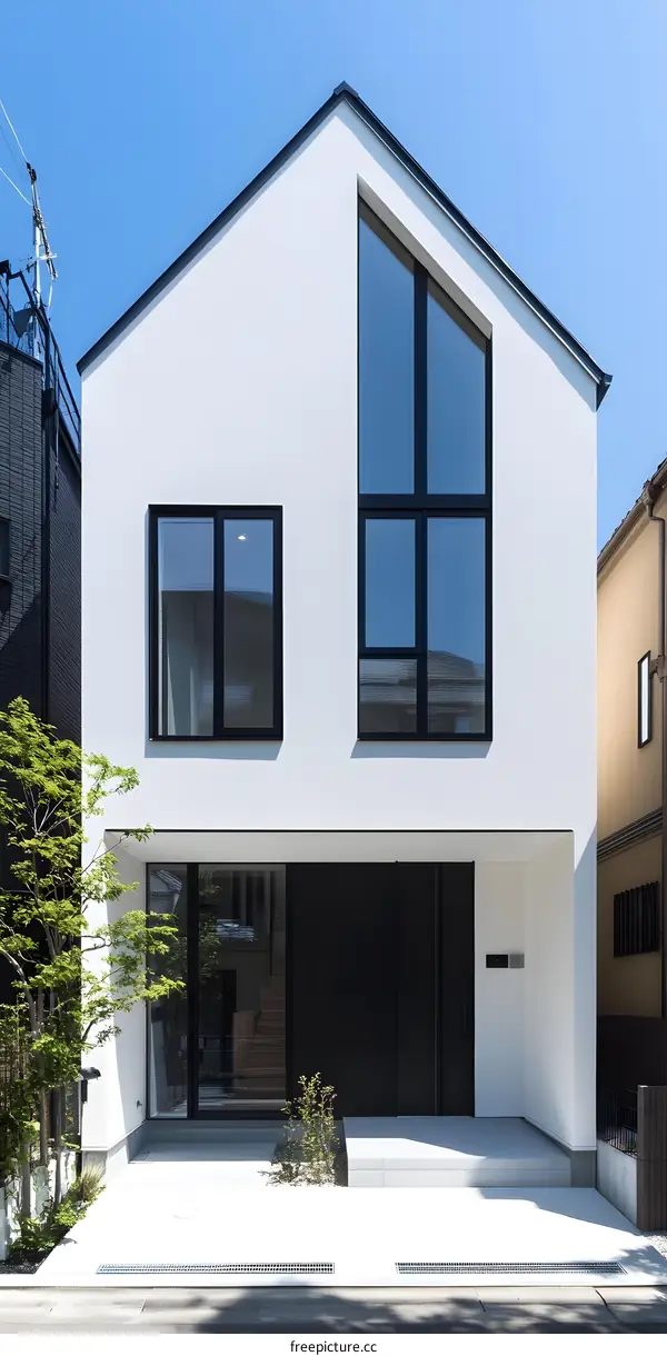Modern Japanese House with Black Windows and White Walls