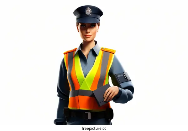 A policewoman in uniform with a strong expression