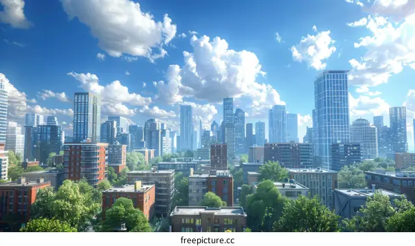 Modern City Skyline with Towering Skyscrapers and Lush Green Spaces