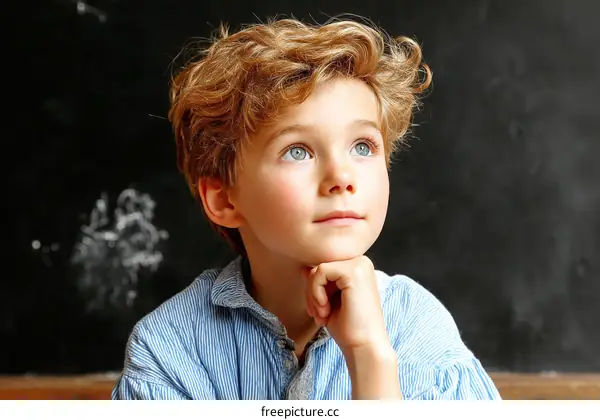 Curious Little Boy with Curly Hair Looking Up in Classroom