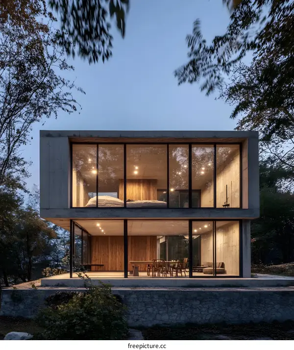 Modern Concrete House with Large Windows and Surrounding Trees
