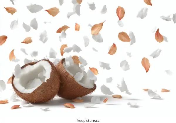 Flying Coconut Flakes and Petals on White Background