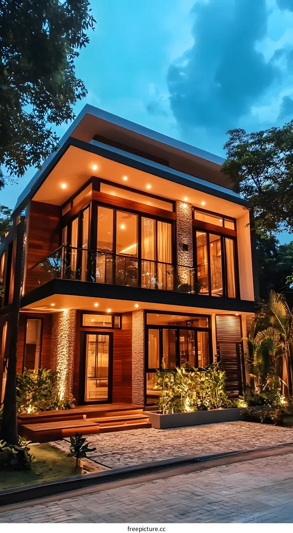 Modern Two Story Home With Warm Lights And Green Plants In Front