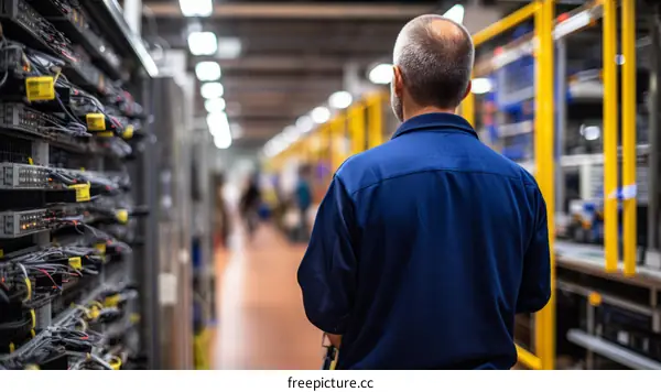 Technician working on telecommunications equipment in a data center