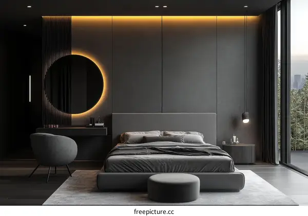 Modern Dark Bedroom Interior Design with Circular Mirror