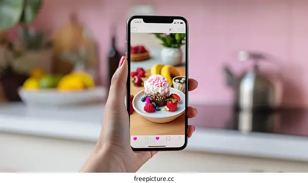 Woman Holding Phone Taking Photo of Cupcake with Strawberries