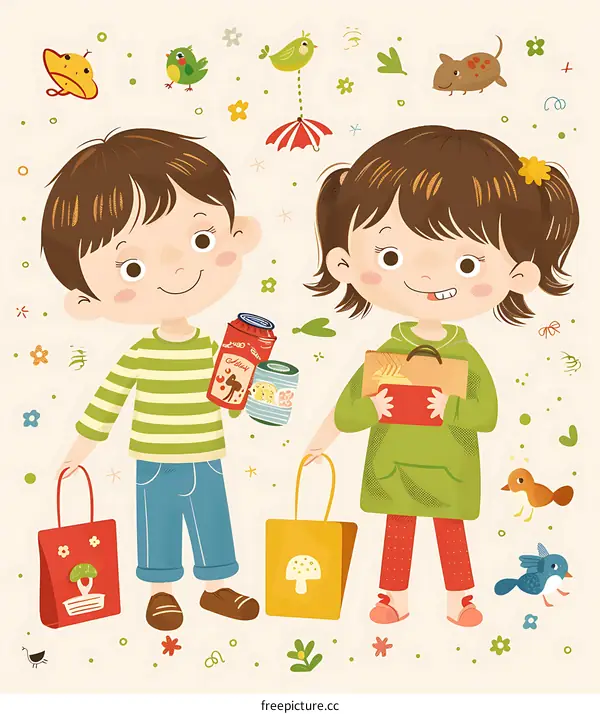 Happy Children Shopping with Colorful Bags and Cans