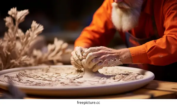 Senior male potter carefully works on a large clay bowl