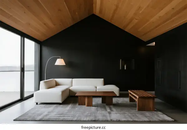 Modern living room with wooden ceiling and large windows overlooking the water