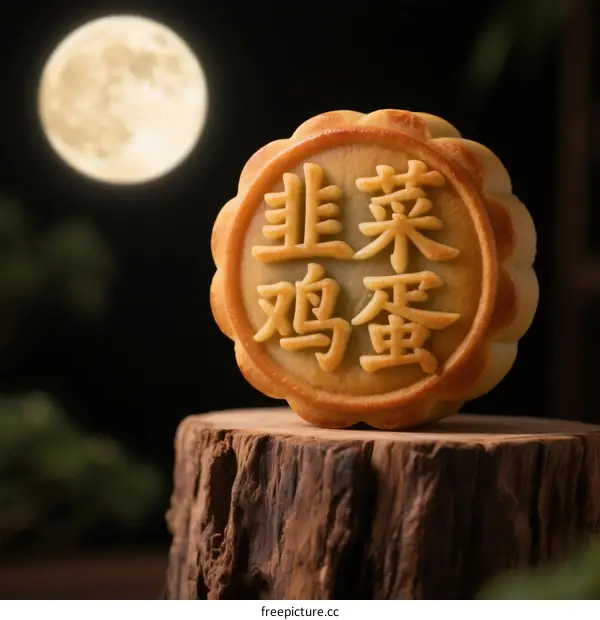 Mooncake with Chinese characters 'leek and egg' under the full moon