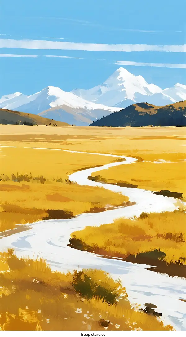 A Scenic Path Leading to Snow-Capped Mountain Peaks