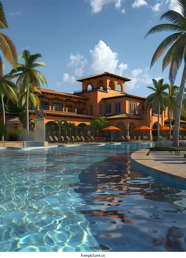 Luxury Resort Swimming Pool With Palm Trees and Blue Sky