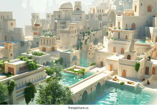 futuristic city with white buildings and blue water canals