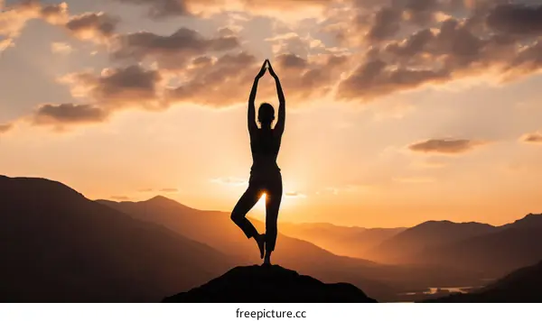 Woman practicing yoga on a mountaintop at sunset