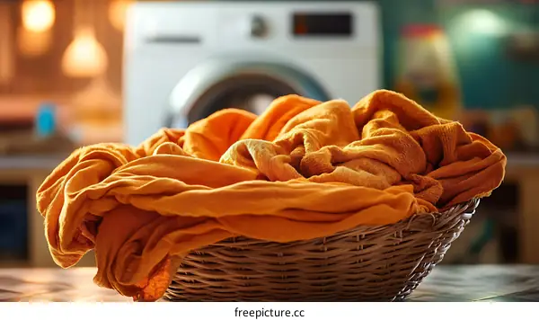 Laundry Basket Filled with Orange Clothes in a Home Laundry Room
