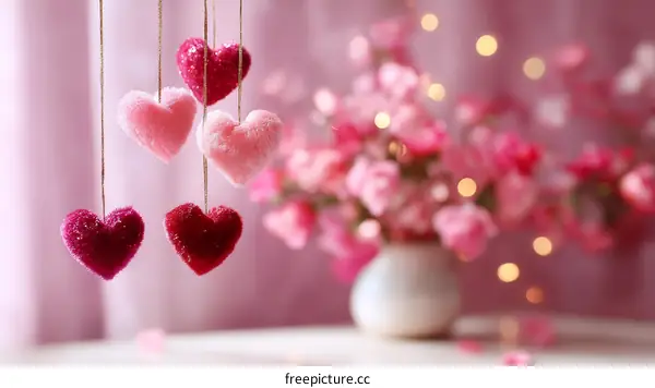 Hanging Heart Decorations on a Pink Background