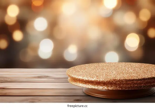 3D rendering of a wooden table with a golden glitter podium