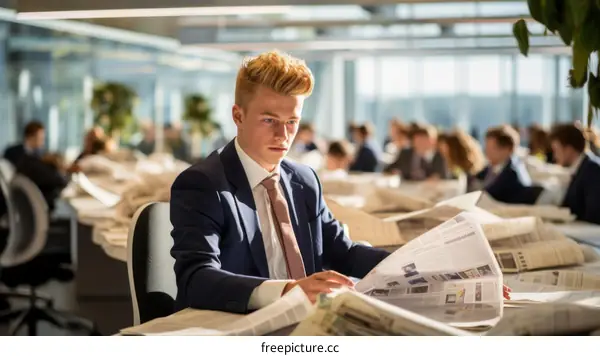 Young professional reading newspapers in a busy office