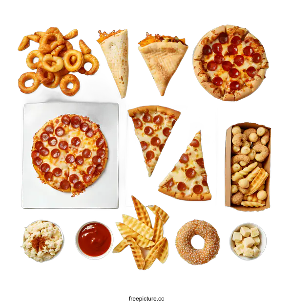 [Transparent Background PNG]Pizza, Onion Rings, Fries, and Other Snacks on a White Background