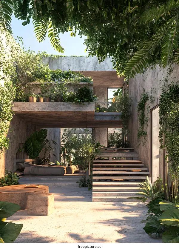 Modern Concrete House with Green Plants and Stairs