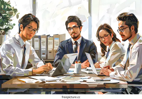 Four people in suits and glasses are sitting around a table having a meeting.