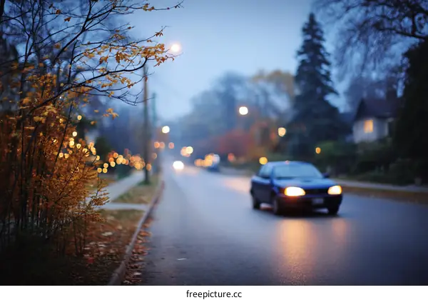 Autumn Evening Street Scene with Car